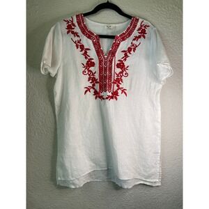 Symple Embroidered Linen Tunic Top Bohemian Festival White Red Size M